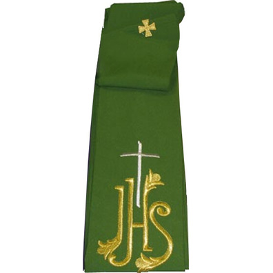 Stole with JHS and green embroidered Cross