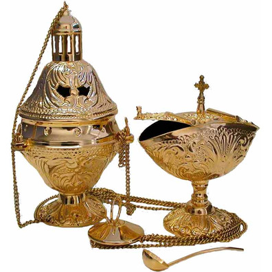 Censer, navetas and incense spoon with gold bath