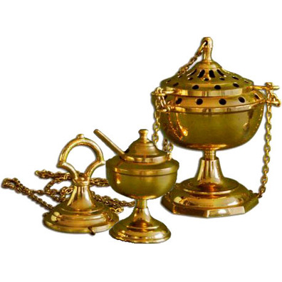 Bronze censer with incense boat and spoons