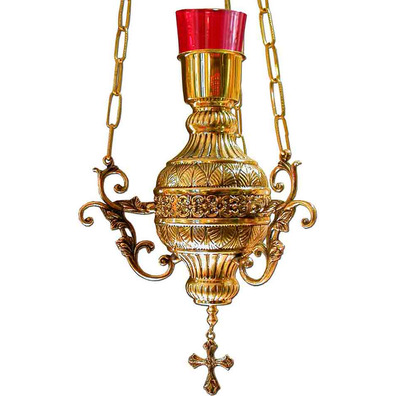 Hanging lamp with golden color red glass