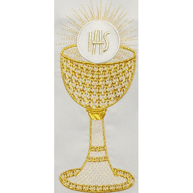 Communion tablecloths with chalice, Host, wheat and embroidered grapes