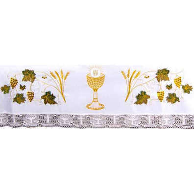 Communion tablecloths with chalice, Host, wheat and embroidered grapes