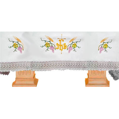 Communion table cloths with Cross, JHS, spikes and grapes embroidered