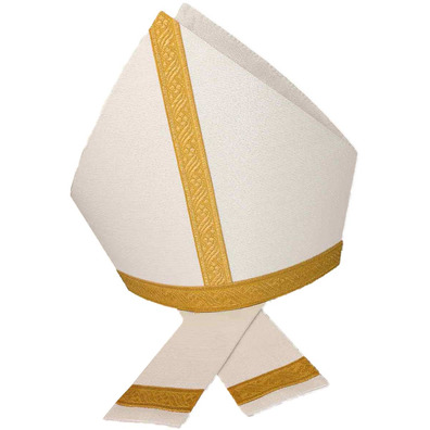 White tissue miter with gold thread and gold braid