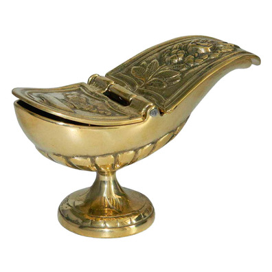 Bronze incense boat with engraved religious motifs golden color