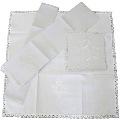 Altar set with JHS embroidered in white thread