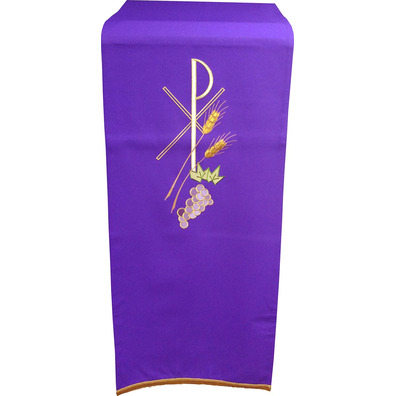 Lectern cloth with Crismón, ears and grapes embroidered morado