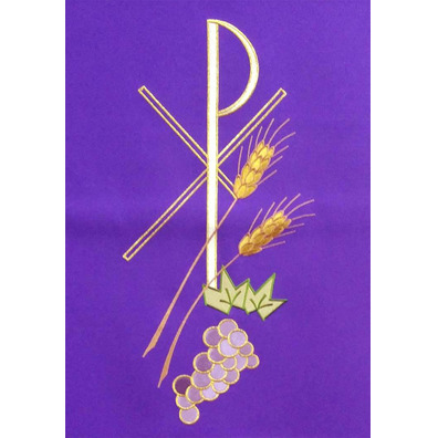 Lectern cloth with Crismón, ears and grapes embroidered morado