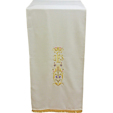 Lectern cloth with JHS and other white liturgical embroideries