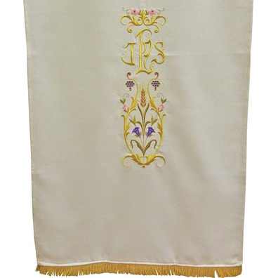 Lectern cloth with JHS and other white liturgical embroideries