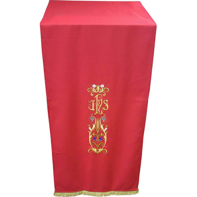 Lectern cloth with JHS and other red liturgical embroideries