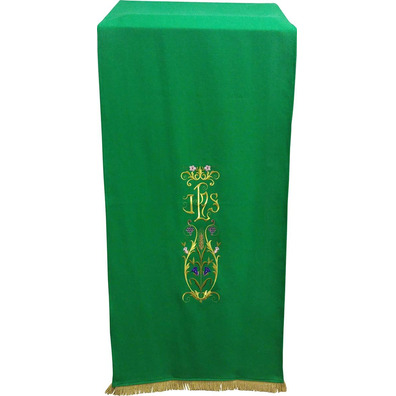 Lectern cloth with JHS and other green liturgical embroideries
