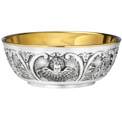 Silver paten with embossed angel face
