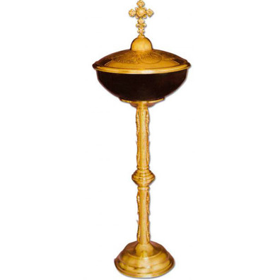 Baptismal font with lid with JHS and golden Cross