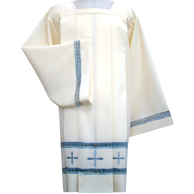 Beige Catholic surplice with gray hemstitch embroidery