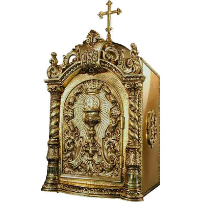 Tabernacle with door engraved with liturgical elements