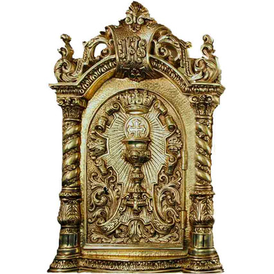 Tabernacle with door engraved with liturgical elements