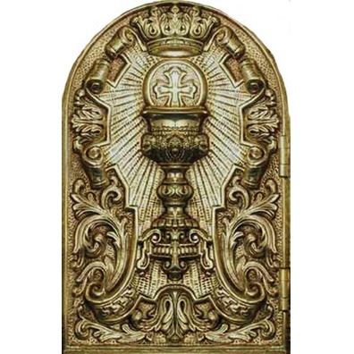 Tabernacle with door engraved with liturgical elements