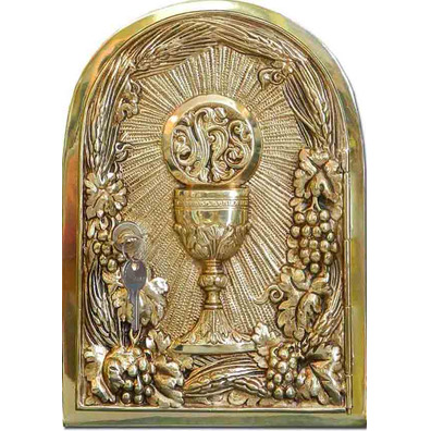 Tabernacle in bronze decorated with chalice and JHS