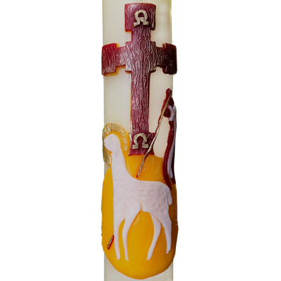 Altar candles decorated to match Paschal Candles