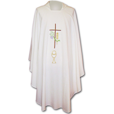 White embroidered chasuble with cross, chalice and spike