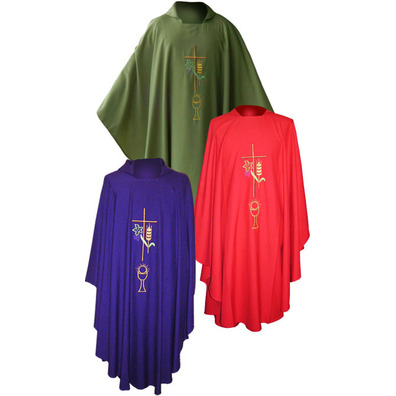 Chasuble embroidered with purple cross, chalice and spike