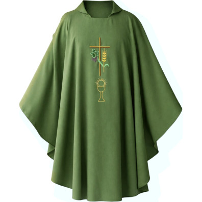Chasuble embroidered with cross, chalice and green spike