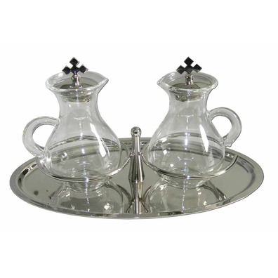 Cruets with glass handle and silver tray
