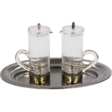 Glass cruets with stainless steel tray